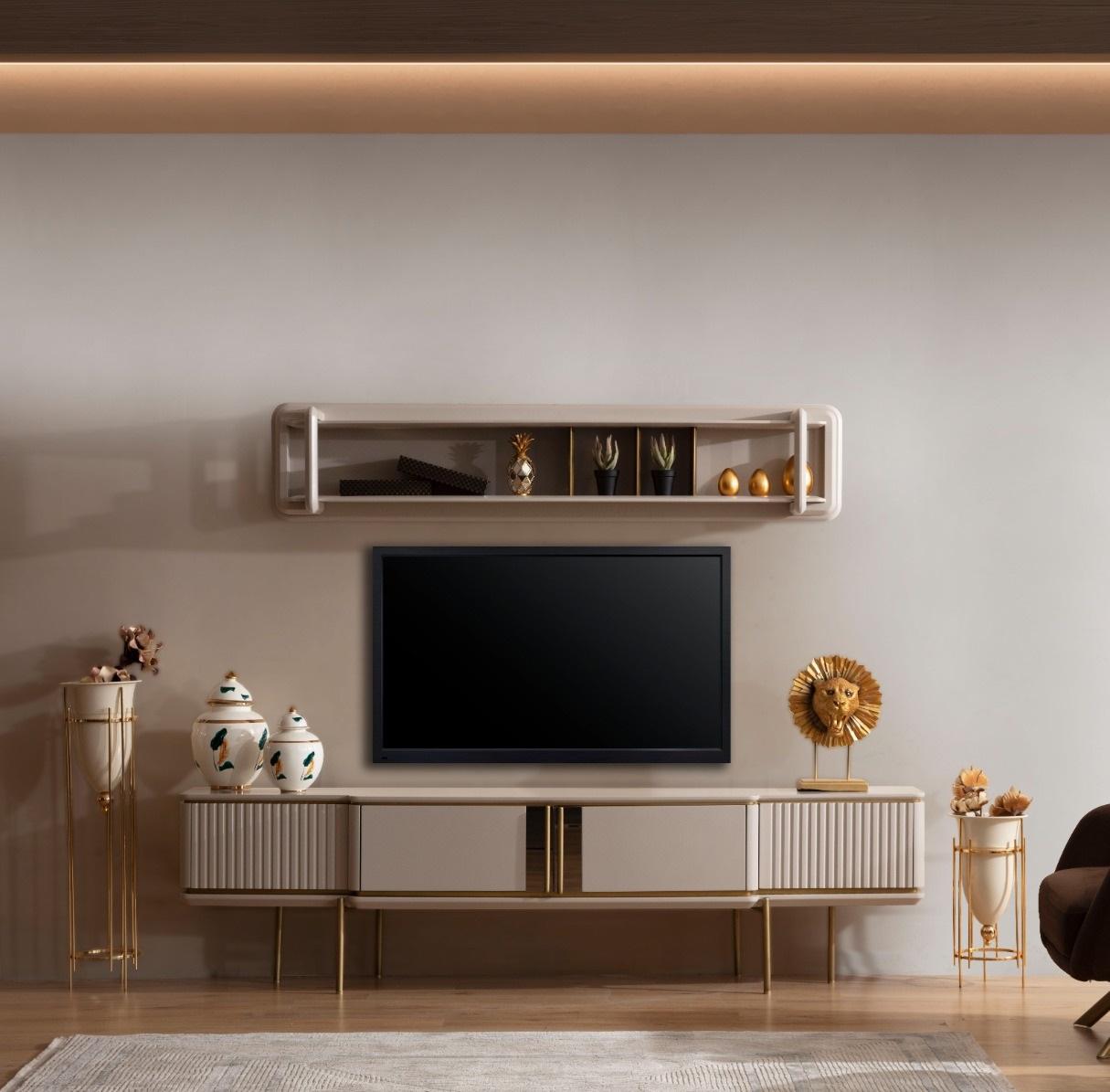 Wohnzimmer Beiges Edelstahl Lowboard Designer RTV-Board Holz Regal 2tlg