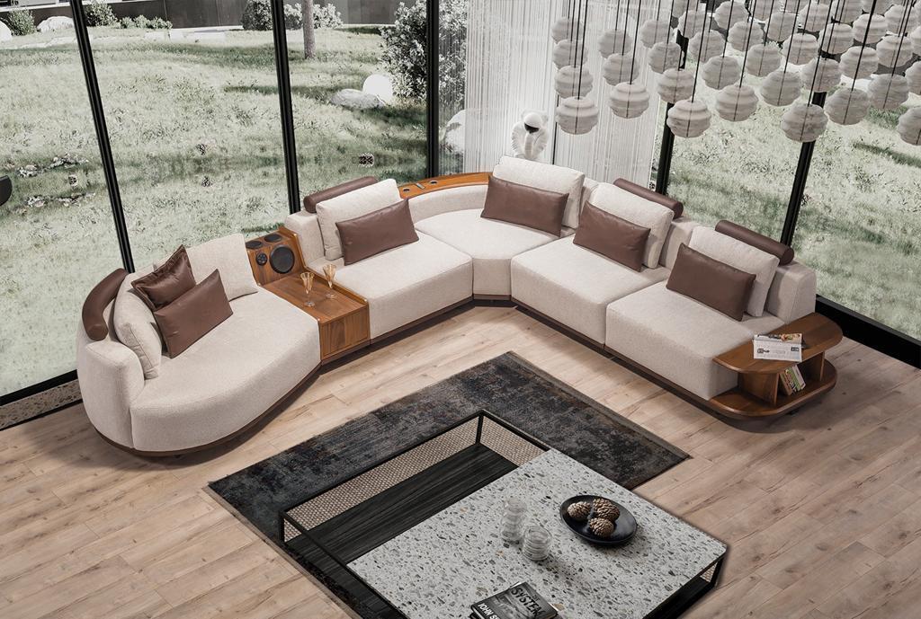 Beiges Wohnzimmer Ecksofa Exklusive L-Form Couch Modernes Holzgestell
