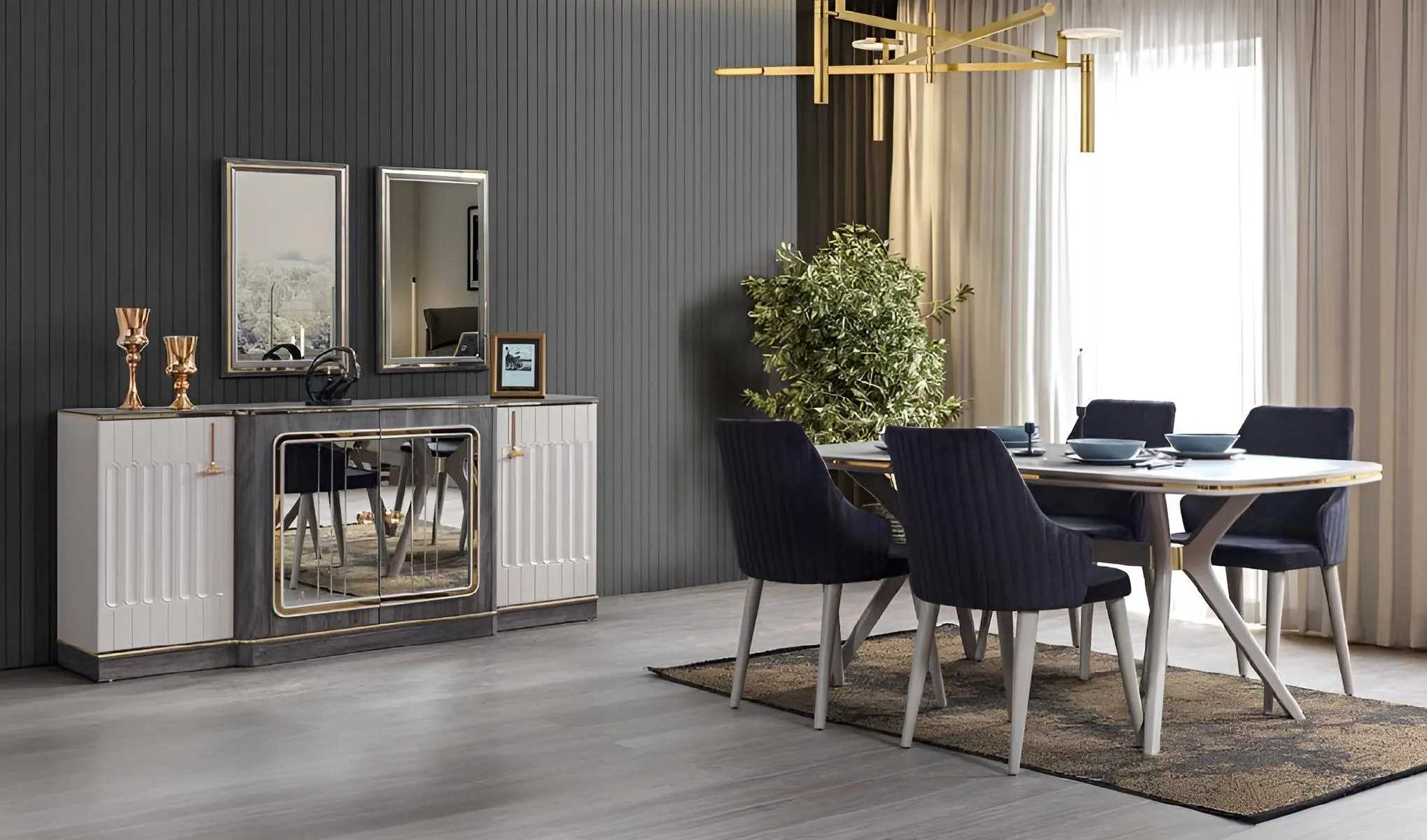 Luxus Esszimmer Set Esstisch + 6x Stühle + Sideboard mit 2x Spiegel Set