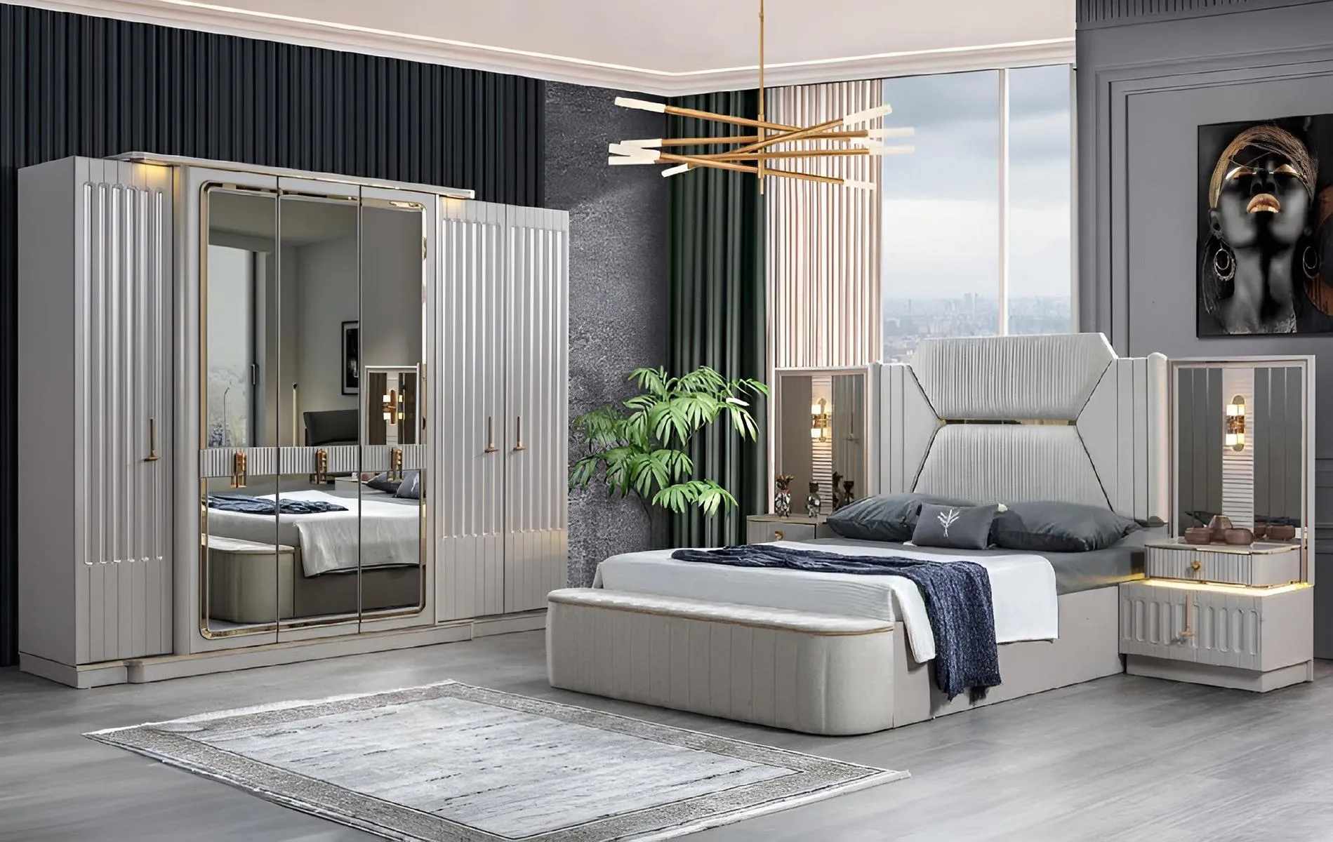 Designer Möbel 4tlg. Schlafzimmer Set Bett 2x Nachttisch Kleiderschrank