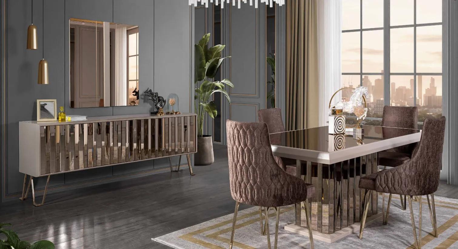 Designer Braun Esszimmer Garnitur Essgruppe Esstisch 4x Stühle 7tlg