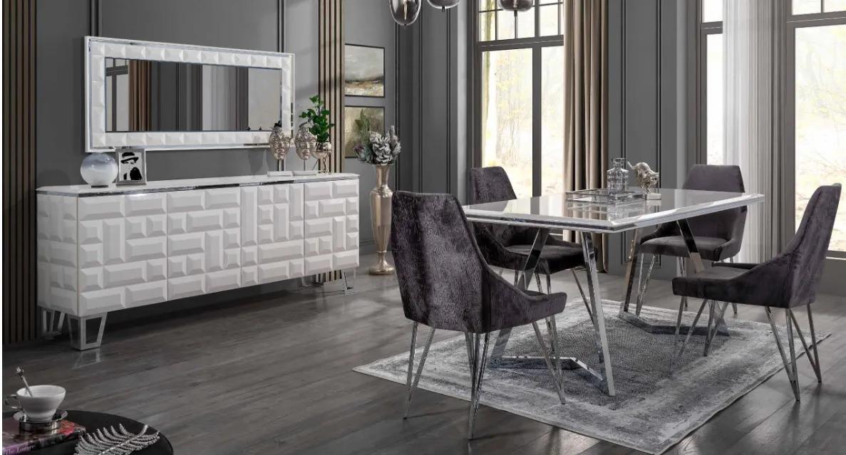 Esszimmer Set Esstisch 4x Stühle Kommode mit Spiegel Modern Set Grau