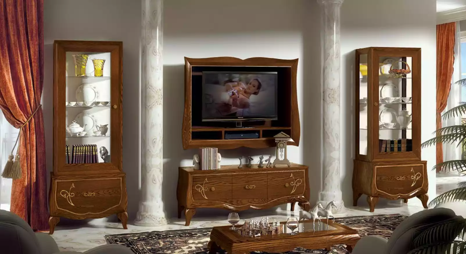 Wohnwand RTV Lowboard TV-Rahmen 2x Vitrine Braun Wohnzimmer Set 4tlg