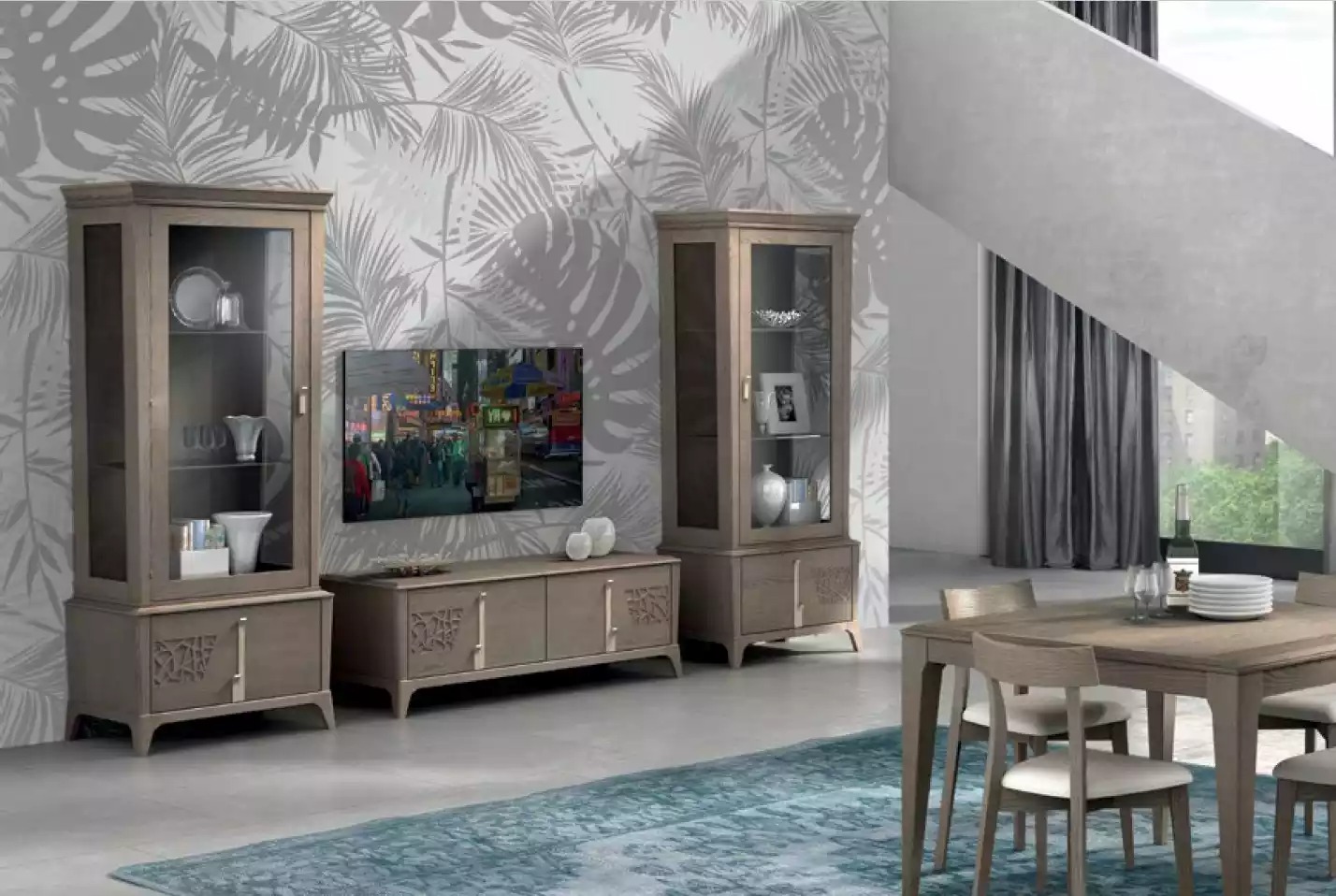 Wohnwand Klassische TV-Ständer Wohnzimmer Vitrine Sideboard Grau 3tlg.