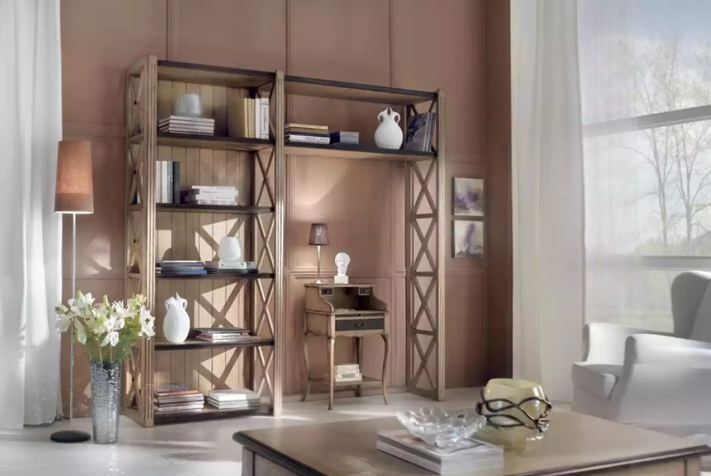 Klassische Regale Beige Schrank Schrankwand Bücherregal Wohnzimmer