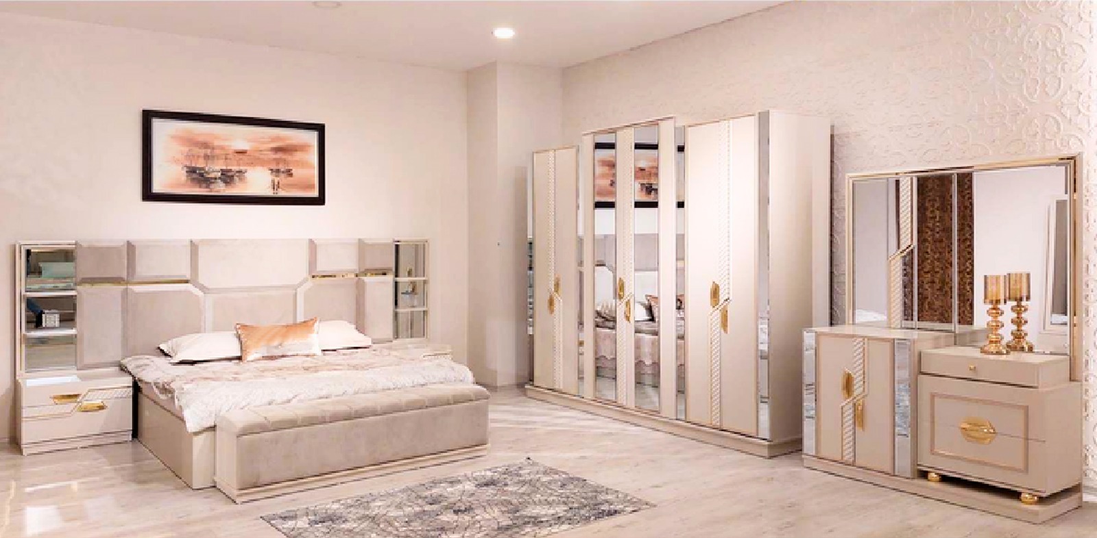 Schlafzimmer Set Modern Doppelbett 2x Nachttische Luxus Kleiderschrank Neu