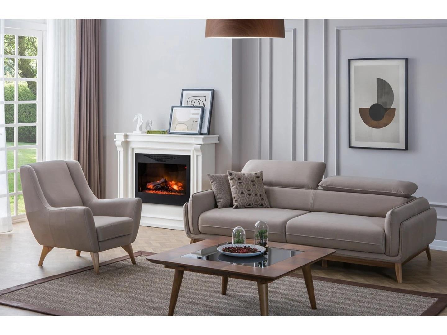 Grau Komplett Wohnzimmer Dreisitzer Sofa Modern Sessel Holz Design Couchtisch