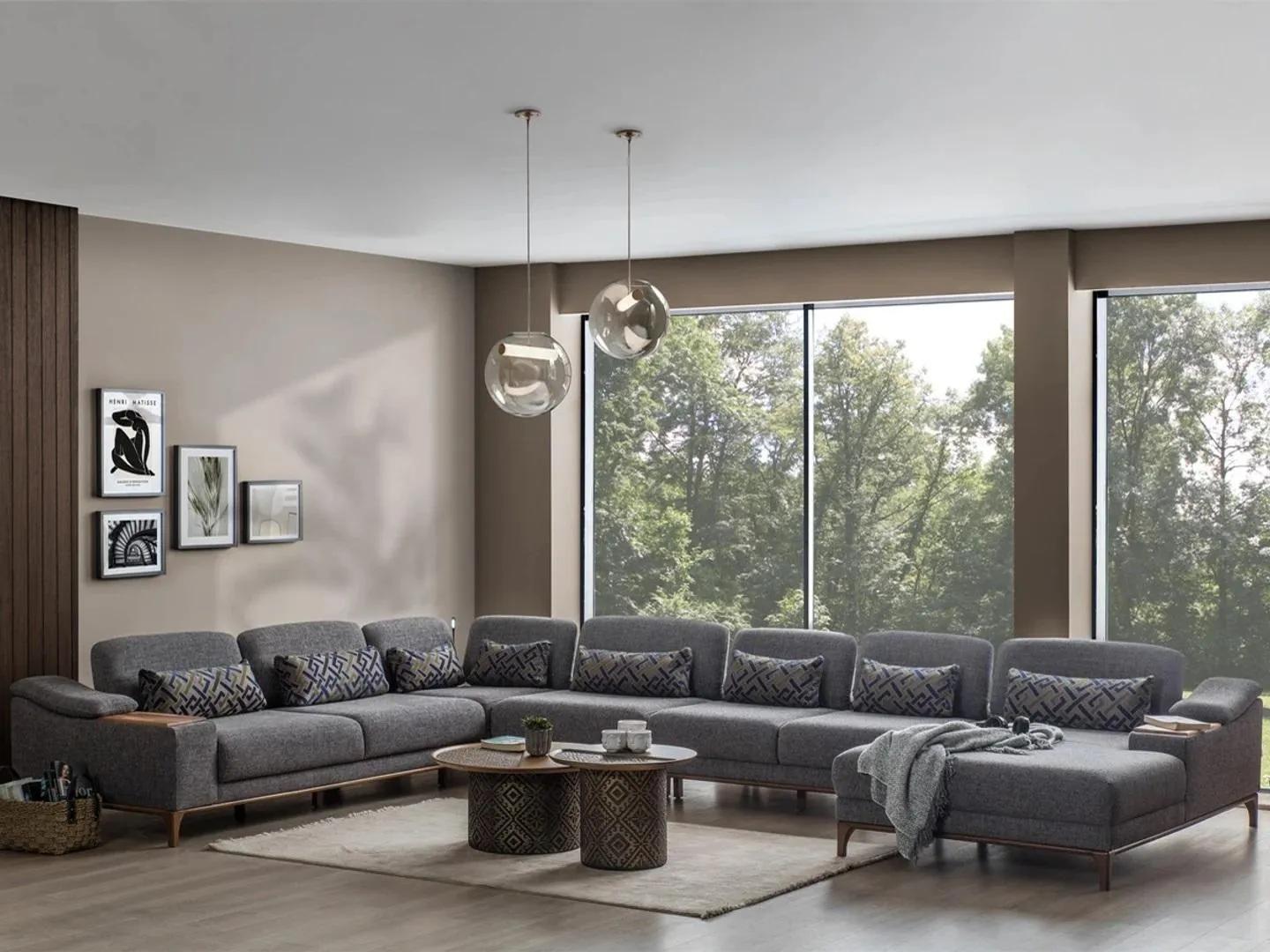 Design Ecksofa U Form Couch Modern Textil Garnitur Grau Polstermöbel
