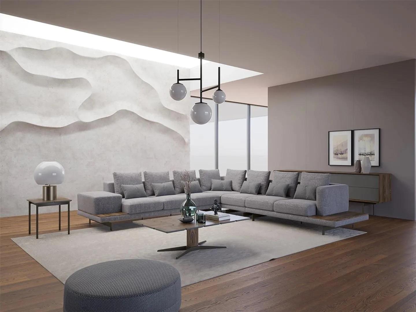 Wohnzimmer Set 3tlg Grau Ecksofa L-Form Holz Couchtisch Beistelltisch