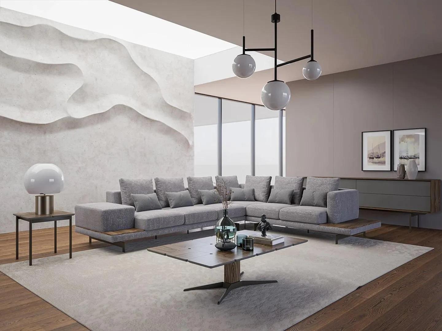 Luxus Grau Polstersofa L-Form Couchtisch mit Beistelltisch Wohnzimmer
