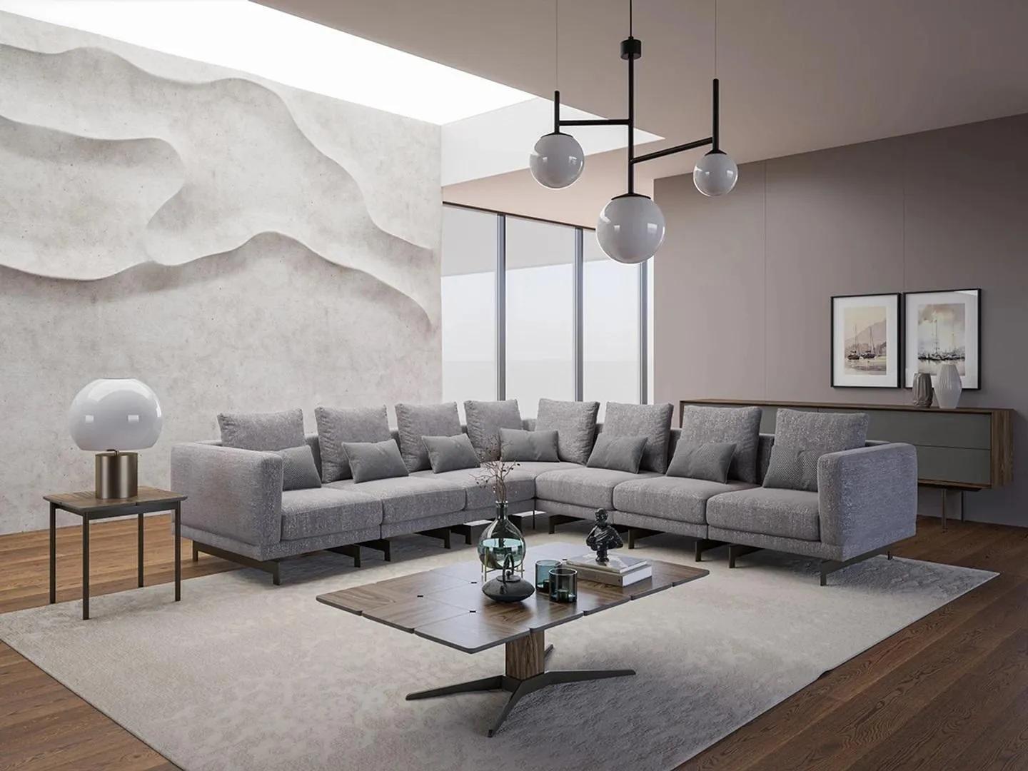 Neu Komplett Möbel Ecksofa L-Form Textil Wohnzimmer Holz Couchtisch