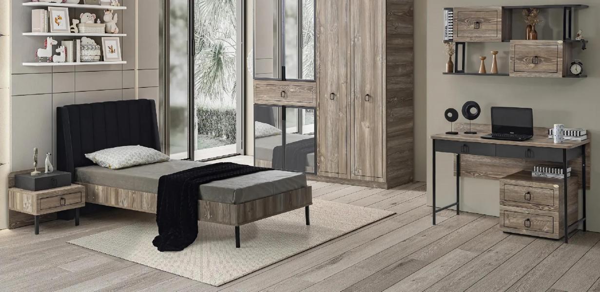 Set Bett Nachttisch Schreibtisch Modernes Design Schwarz Kinderzimmer 3-teilig