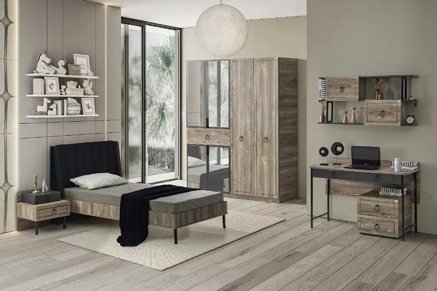 Set Bett Nachttisch Schreibtisch Kleiderschrank Modernes Design 4-teilig Möbel