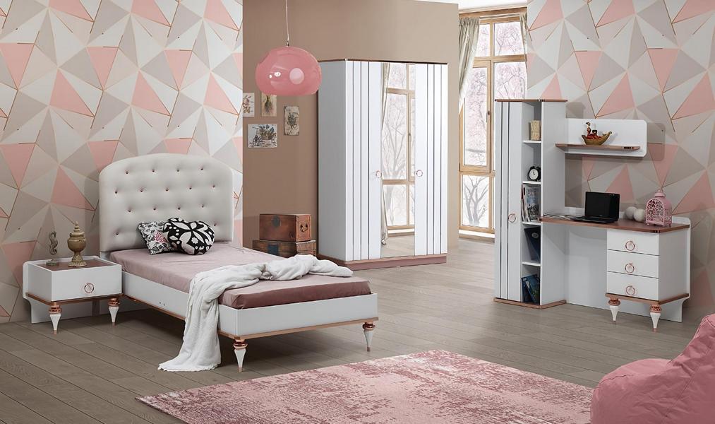 Set Bett Nachttisch Schreibtisch Kleiderschrank Modern Stil Weiß Kinderzimmer