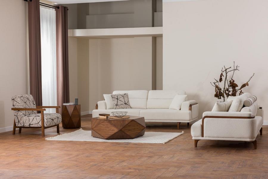 Sofagarnitur 3+3+1 Sitzer Modern Beigefarben Holzdetails Wohnzimmer Design