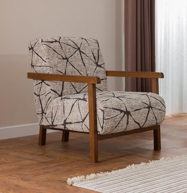 Loungesessel Holzgestell Modern Beige Schwarz Muster Armlehne Retro Design