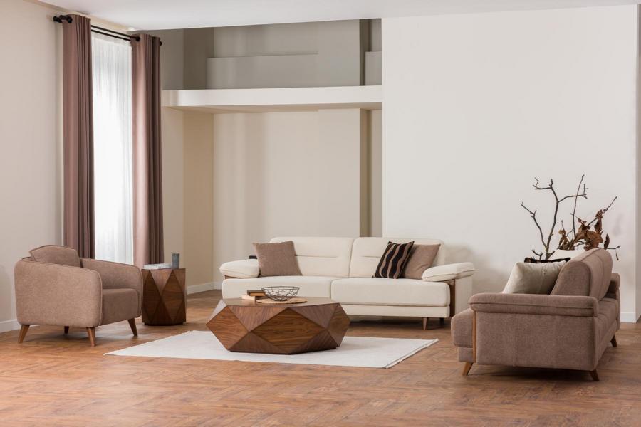 Sofagarnitur 3+3+1 Sitzer Beige Braun Stoffbezug Holzfüße Skandi Modern Stil