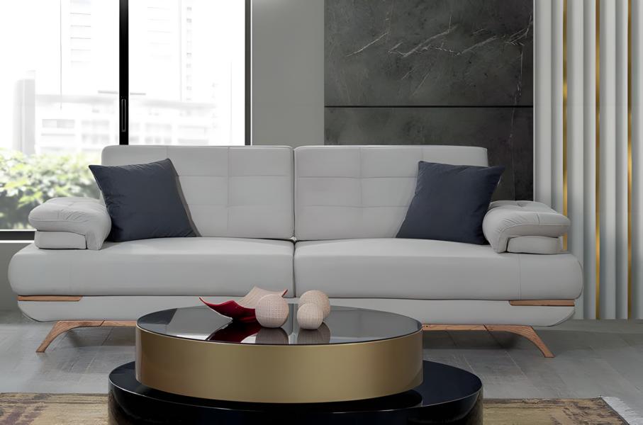 Elegantes Sofa Design Weiß Grau Polster Couch Wohnzimmer Holzfüße Modern 3Sitzer