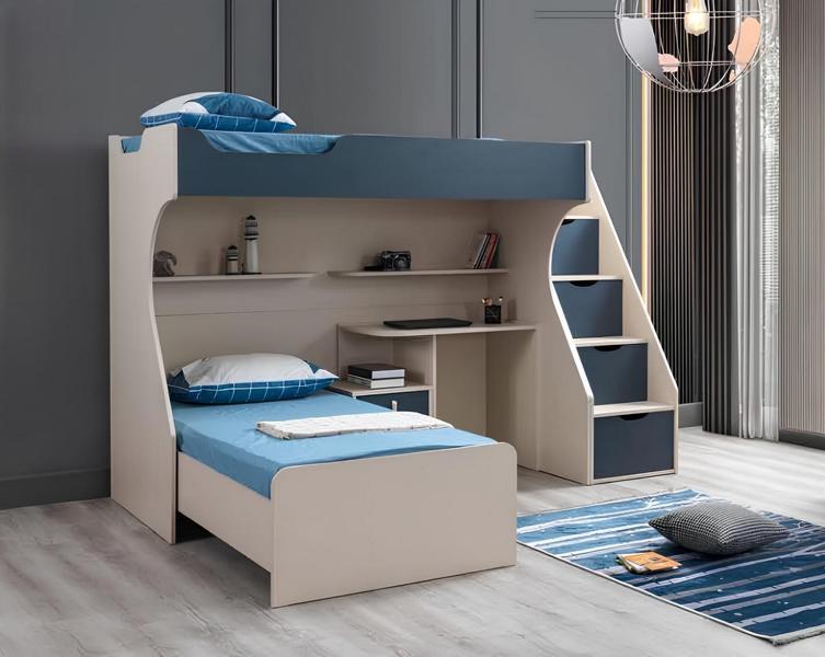 Kinderzimmer-Set aus Holz in Blau mit Bett, Nachttisch