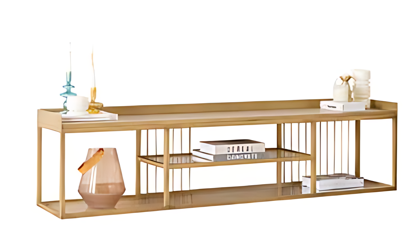 Elegantes TV-Lowboard Holz offenen Fächern und Metallrahmen