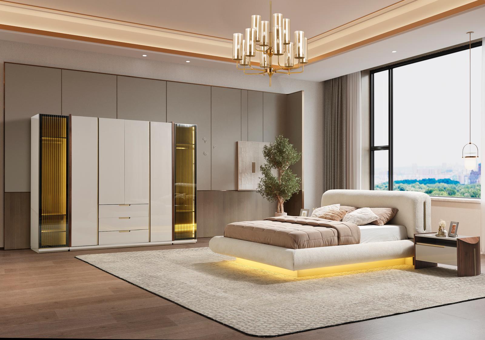 Elegantes Schlafzimmer-Set aus Holz in Beige mit Bett, Kleiderschrank