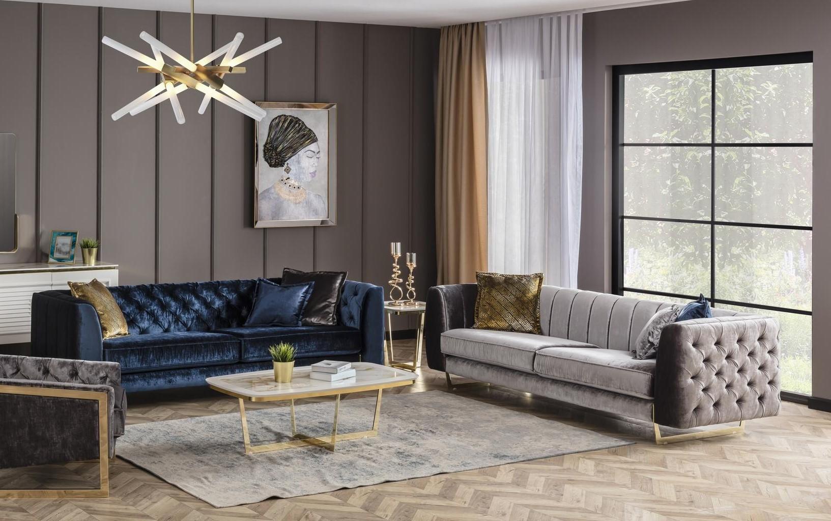 Elegantes 2-tlg. Wohnzimmer Set aus Textil in Blau und Grau