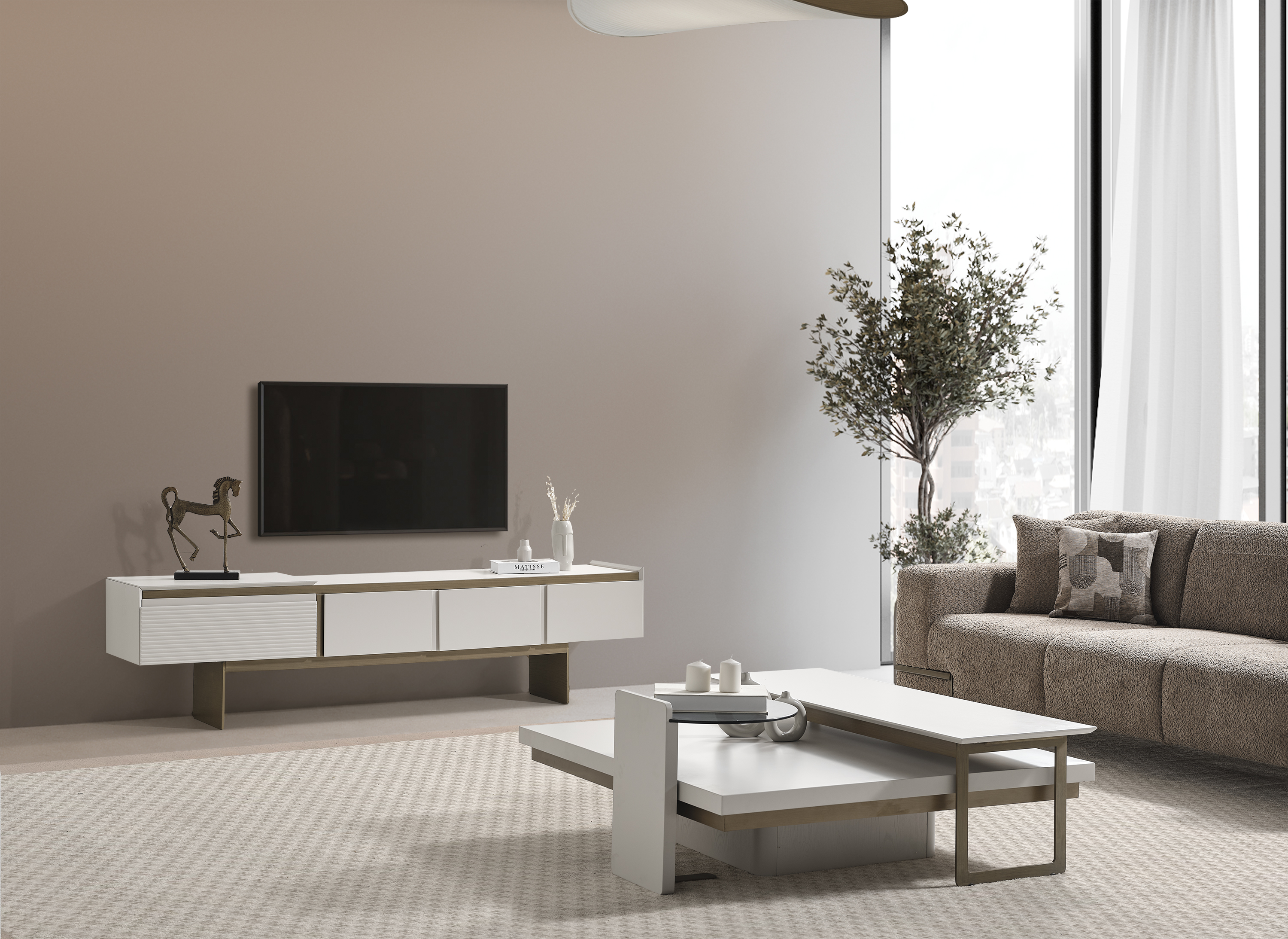 Moderner TV-Ständer aus Holz in Beige für Wohnzimmer