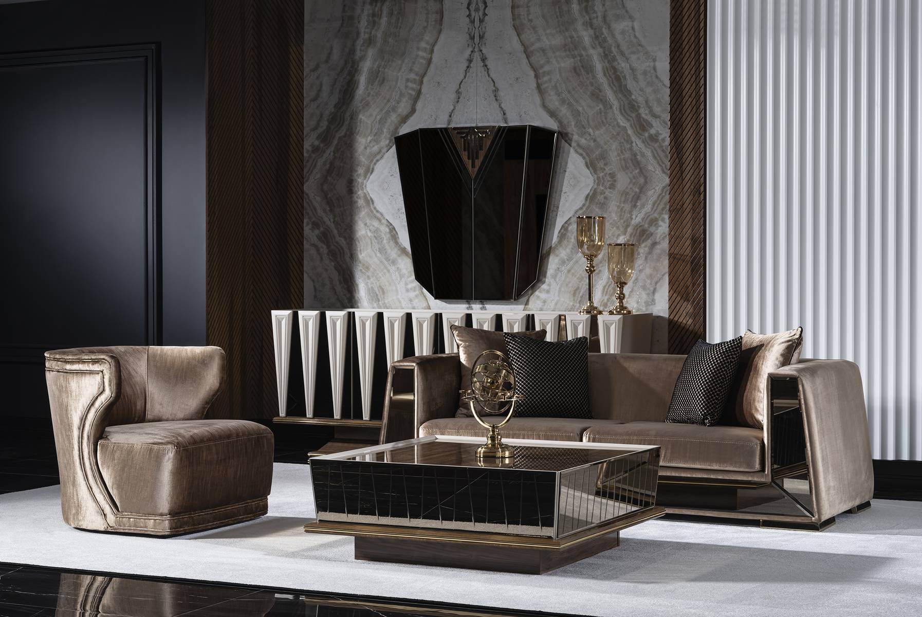 Elegantes braunes Wohnzimmer Set aus Textil und Holz