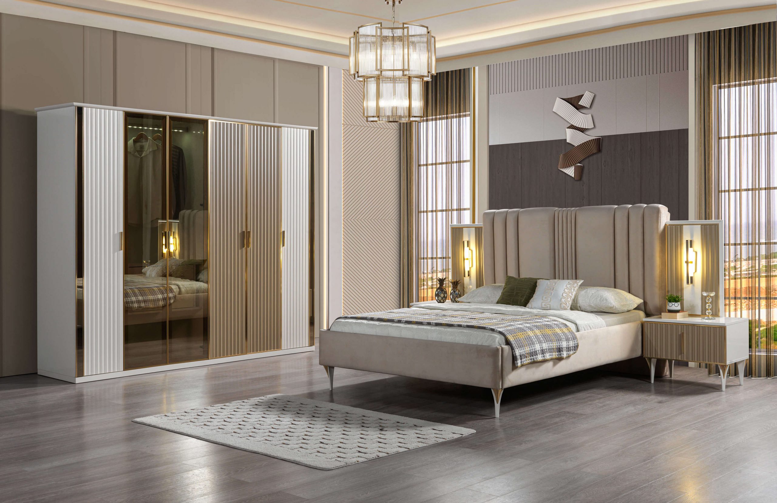 Schlafzimmer Set Bett 2 Nachttische Kleiderschrank modern 4tlg