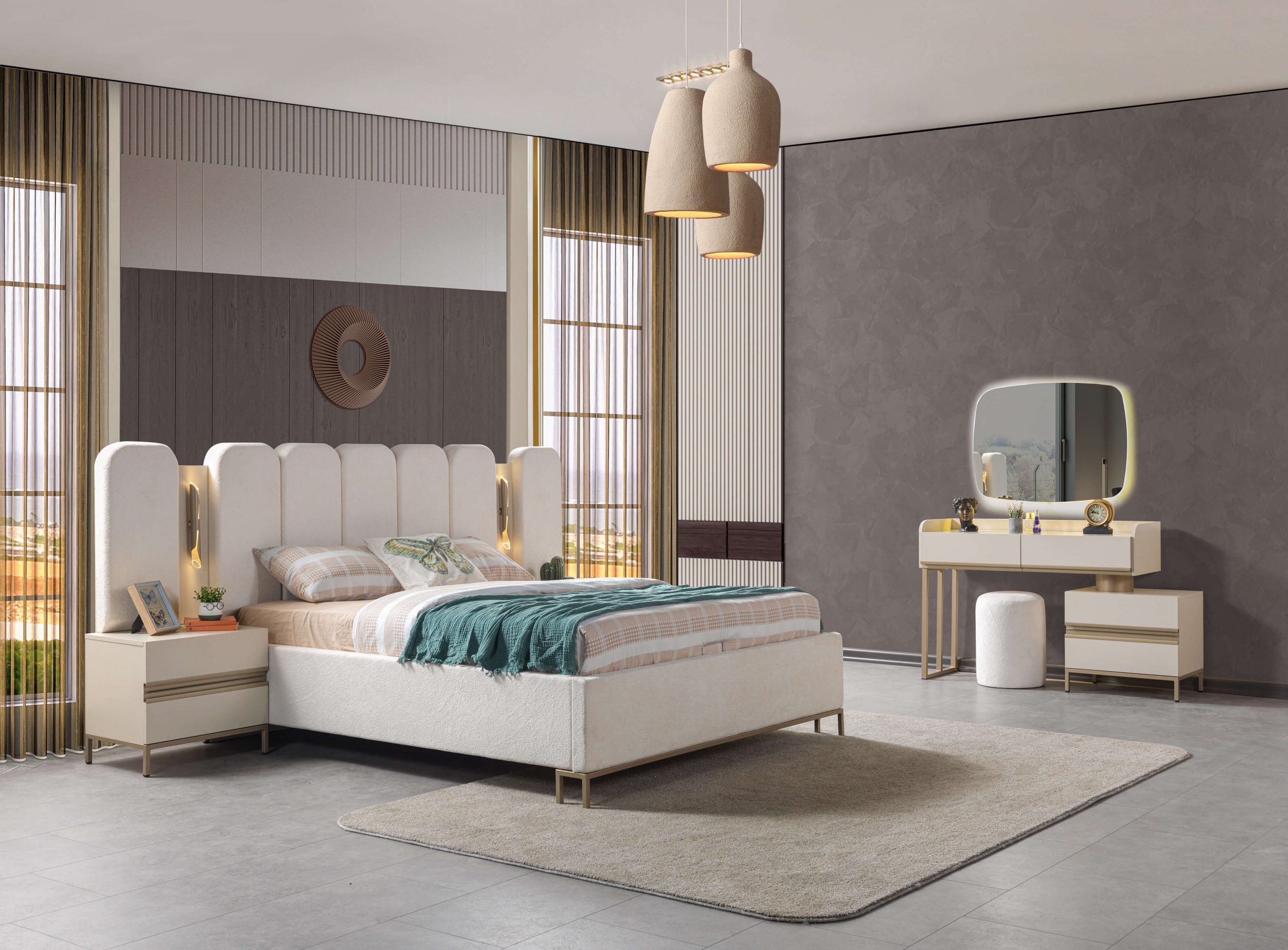 Komplettes Schlafzimmer-Set mit Kommode Spiegel Bett & Nachttischen