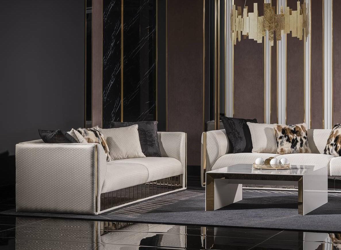 Modernes weißes Wohnzimmer Set aus Holz und Textil mit 3-Sitzer Sofa