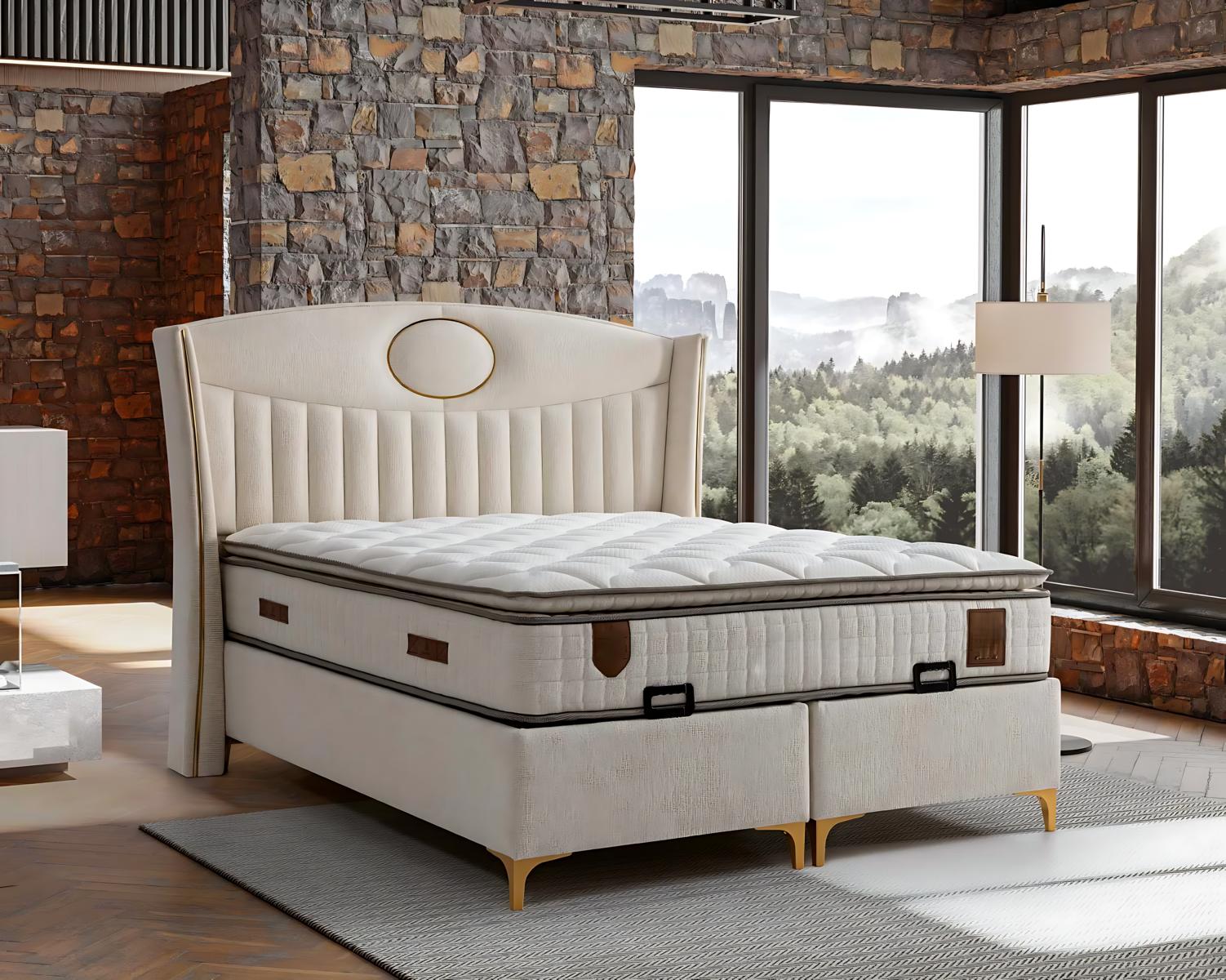 Elegantes Bett mit Matratze in Beige aus Textil und Holz