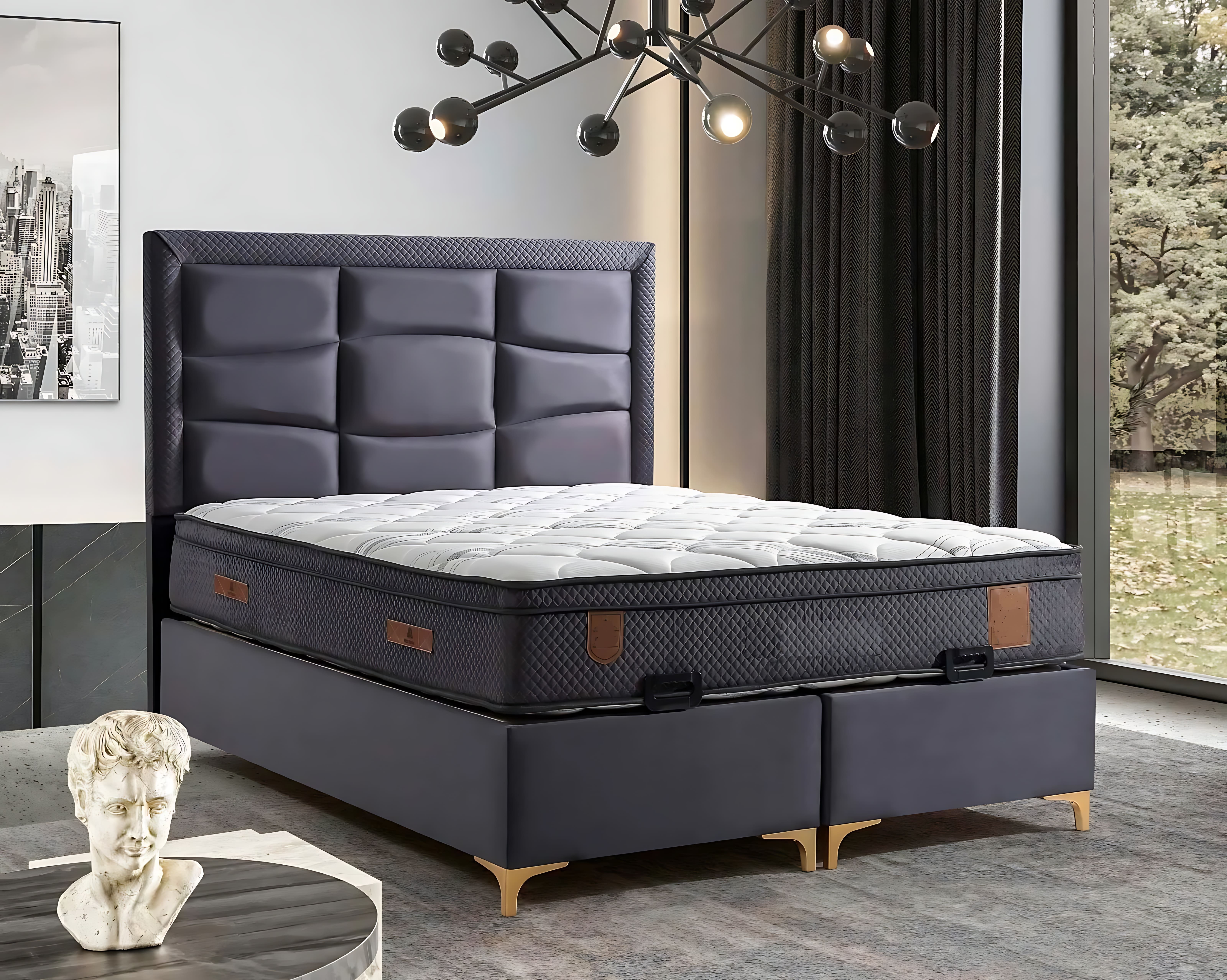 Grau modernes Bett mit Matratze aus Textil und Holz