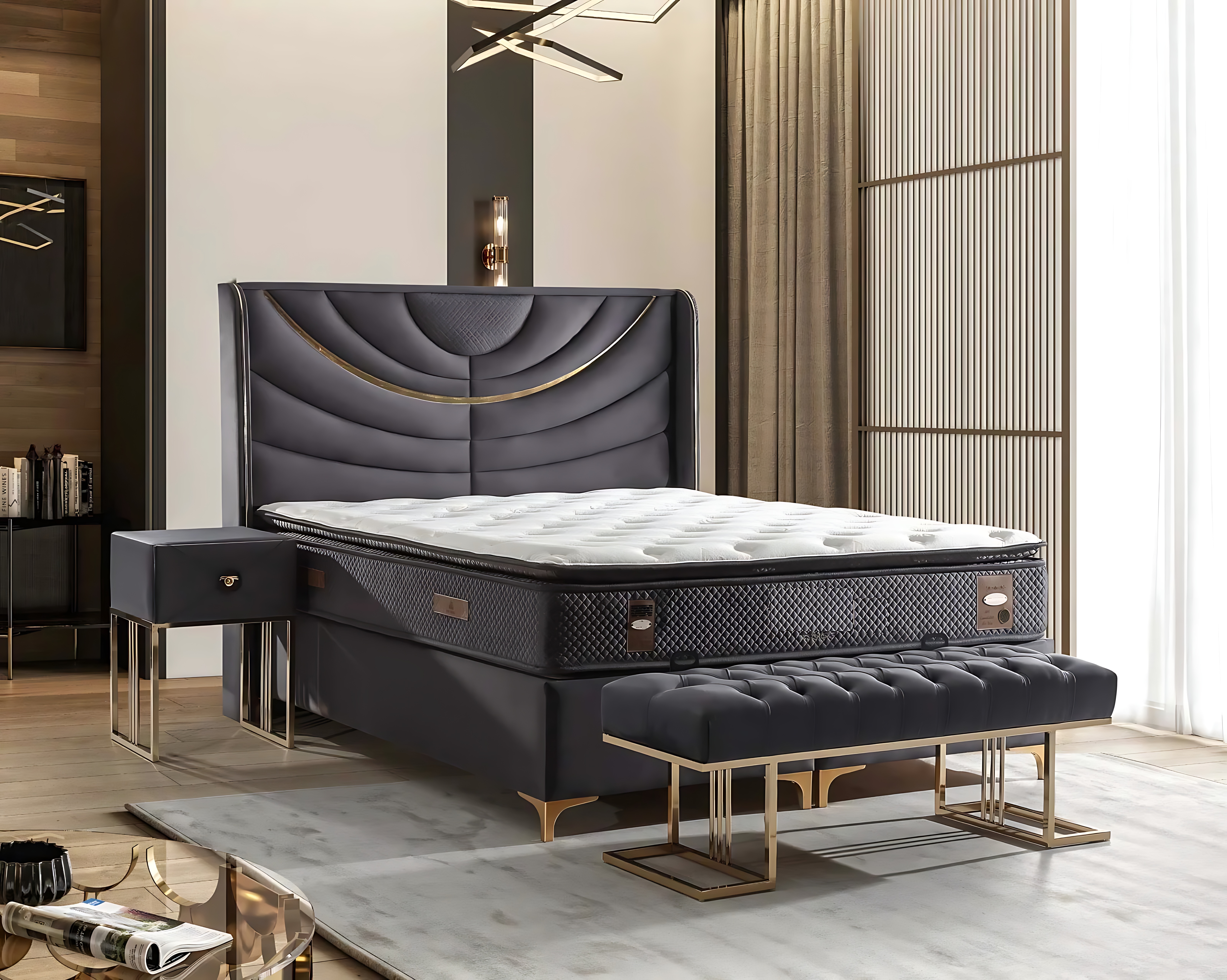 Elegantes graues Bett mit Matratze aus Textil und Holz