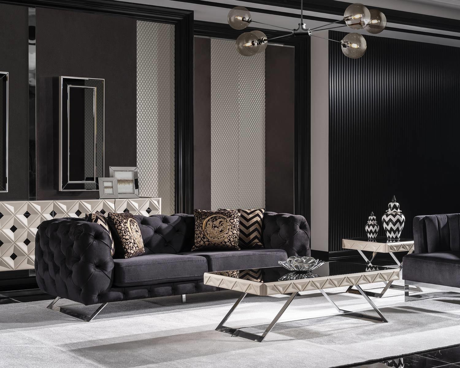 Schwarzes Holz-Textil-Metall 2-teiliges Wohnzimmer-Set mit Sofa