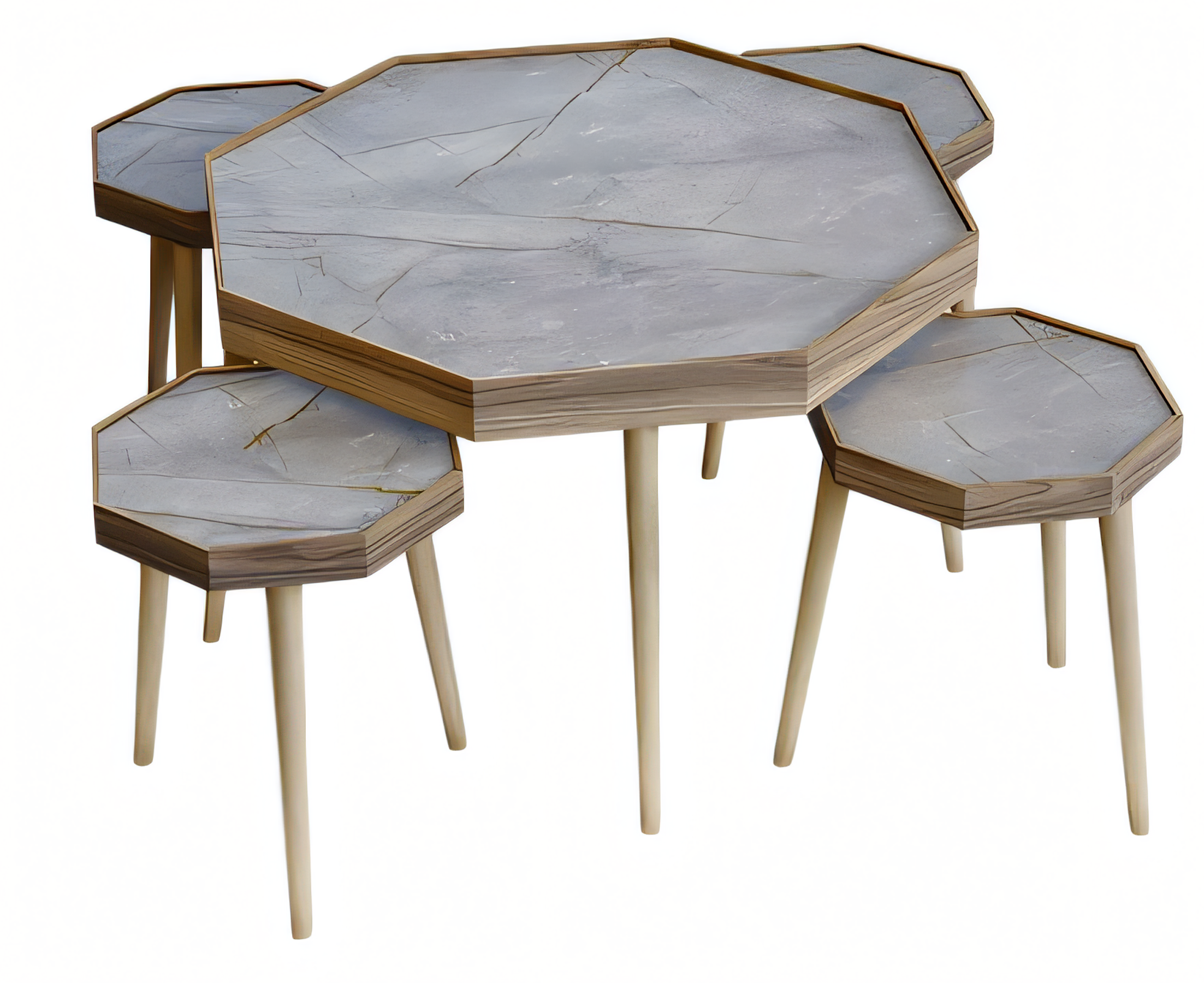 Eleganter grauer Holztisch-Set mit Couchtisch und Beistelltischen