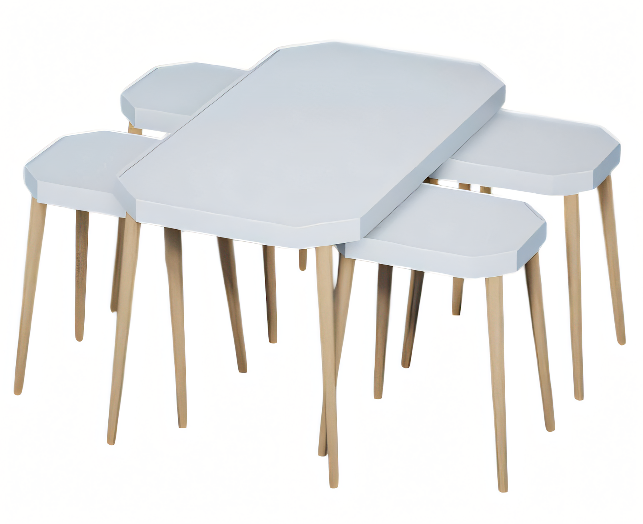 Eleganter weißer Holztisch-Set mit Couchtisch und Beistelltischen