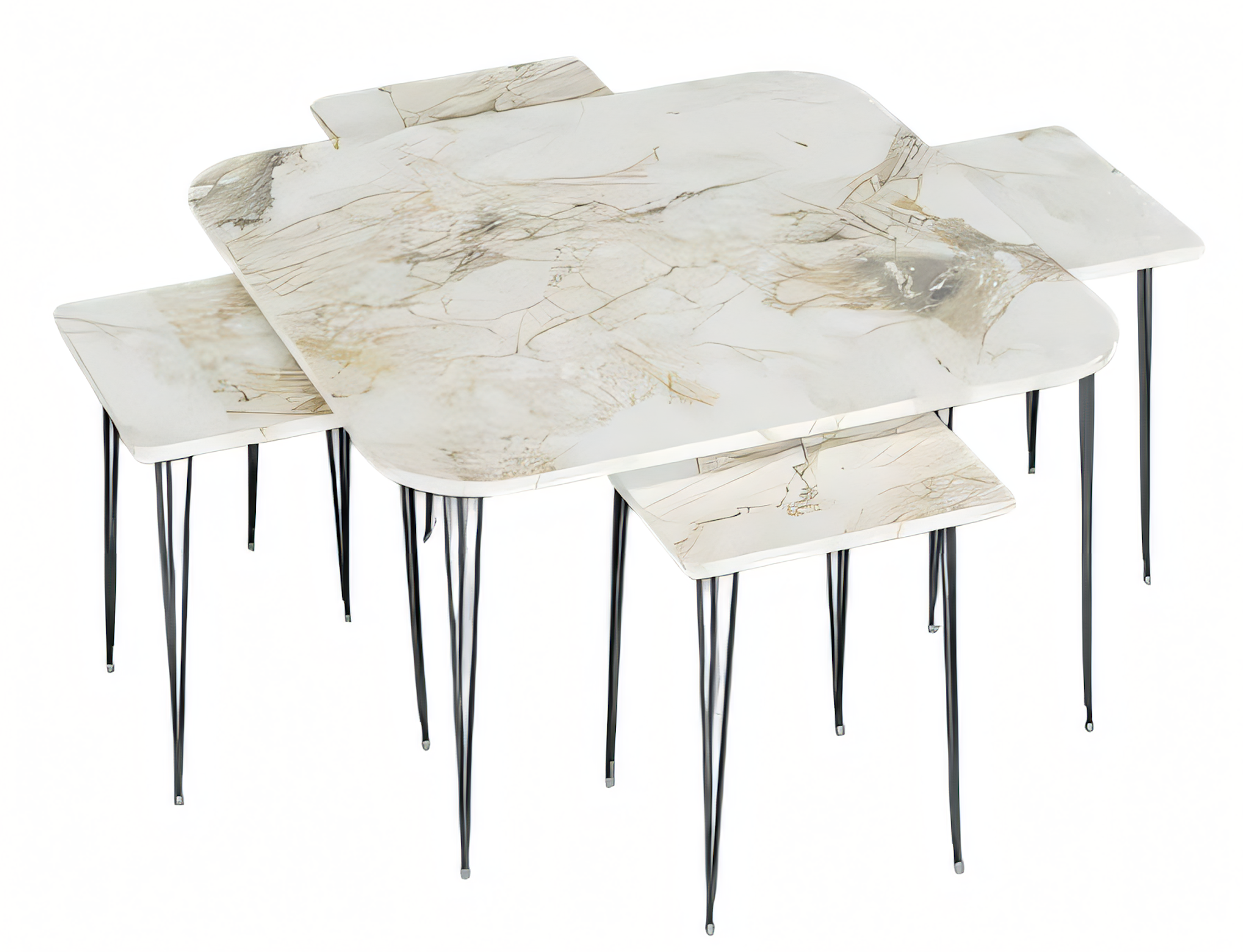 Moderner Holz-Couchtisch mit buntem Design und Beistelltischen