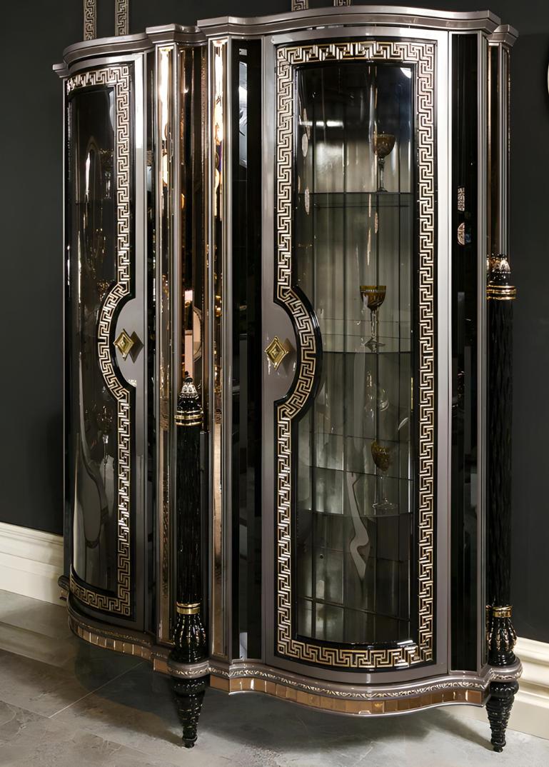 Silberne Holzvitrine modern, elegante Aufbewahrung für Wohnzimmer