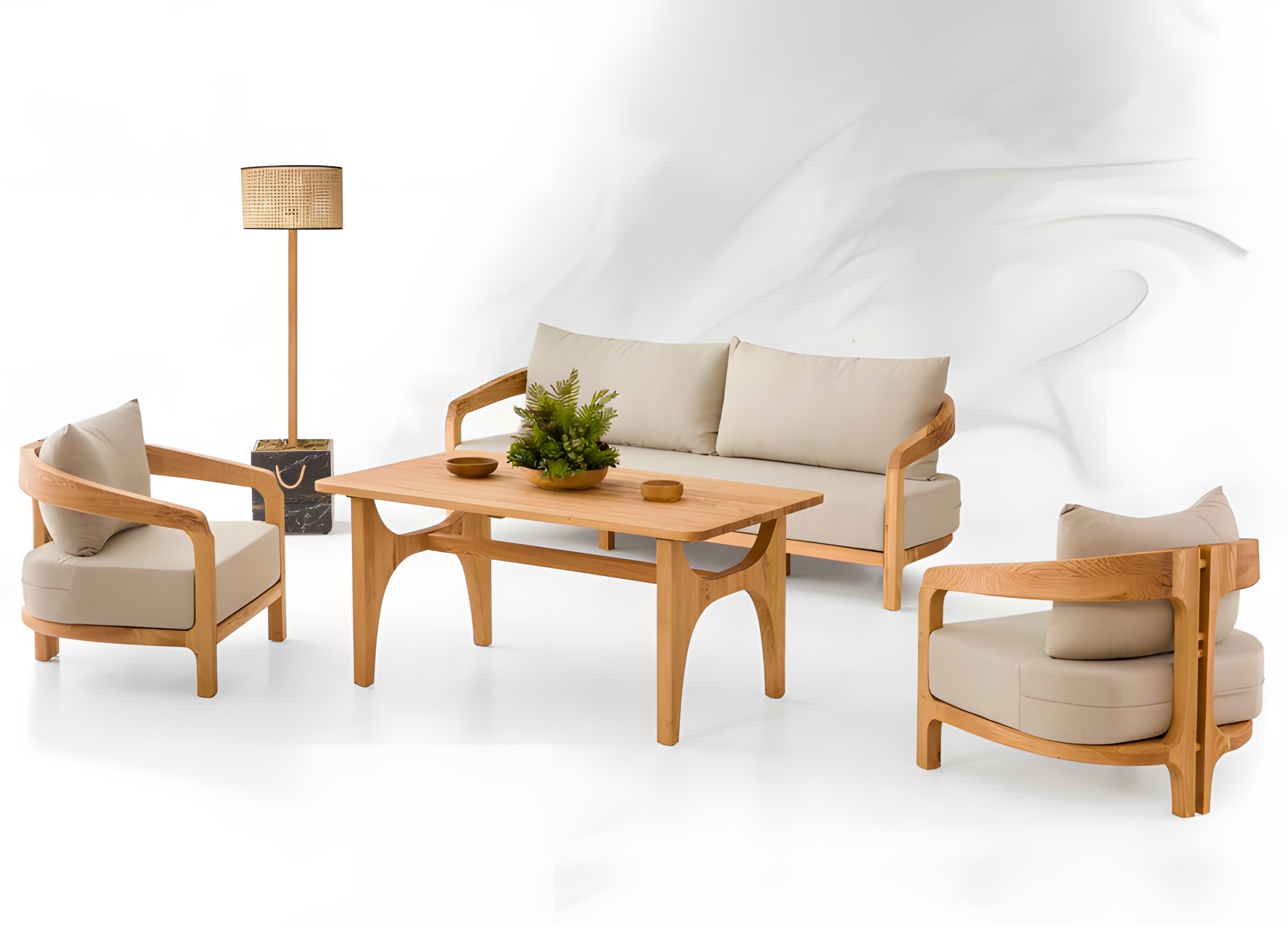 Gartenmöbel Set aus Holz und Textil in Beige, Modernes Sofa und Sessel