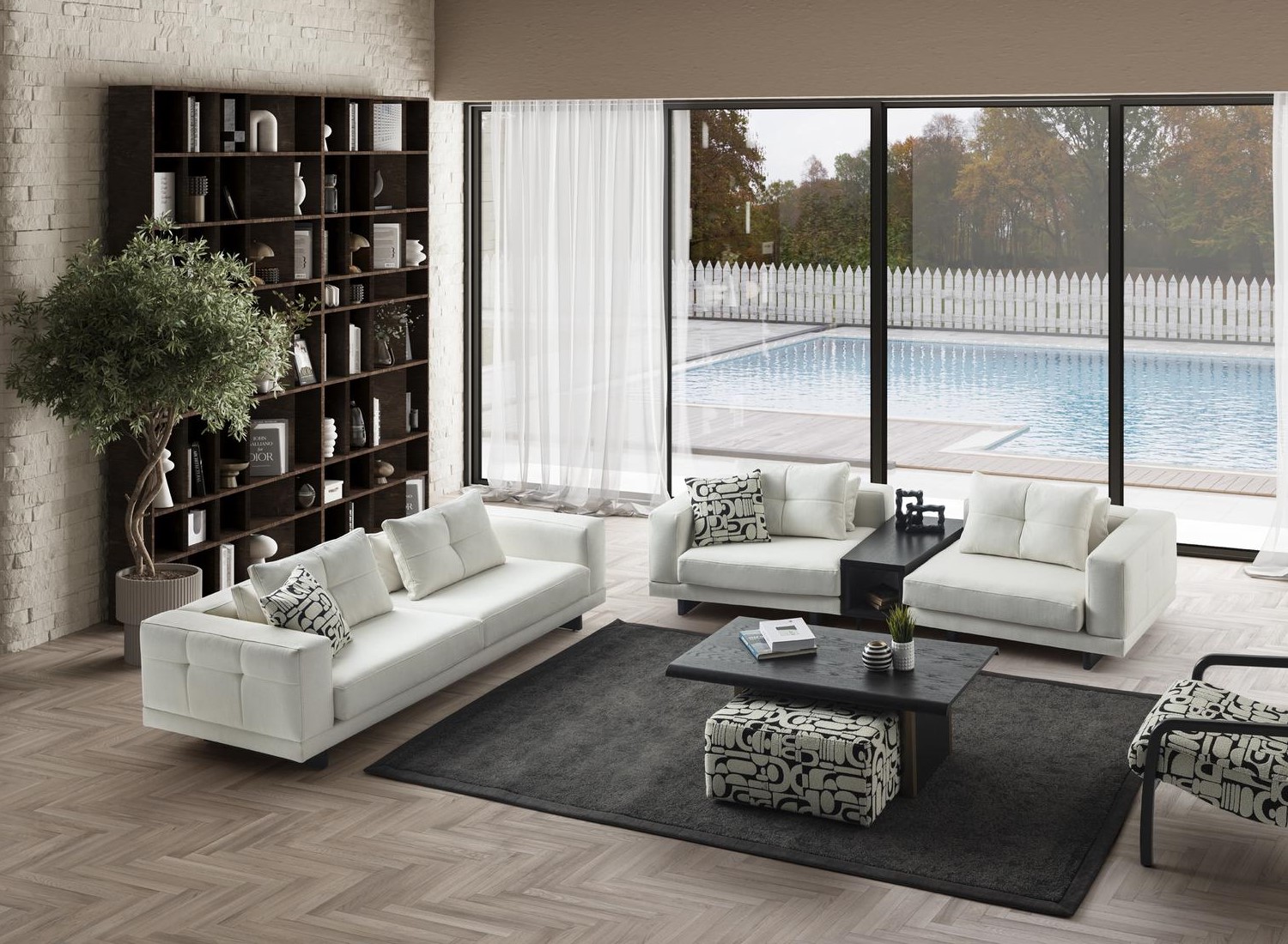 Modernes weißes Wohnzimmer Set aus Textil und Holz