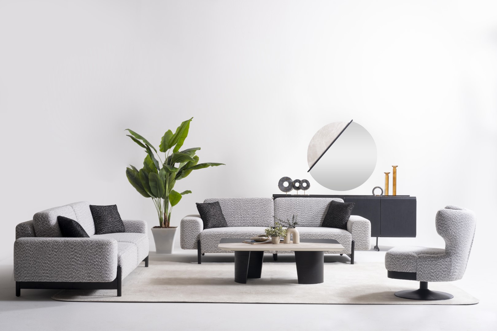Grau Holz- und Metallsofa-Set mit Couchtisch für modernes Wohnzimmer