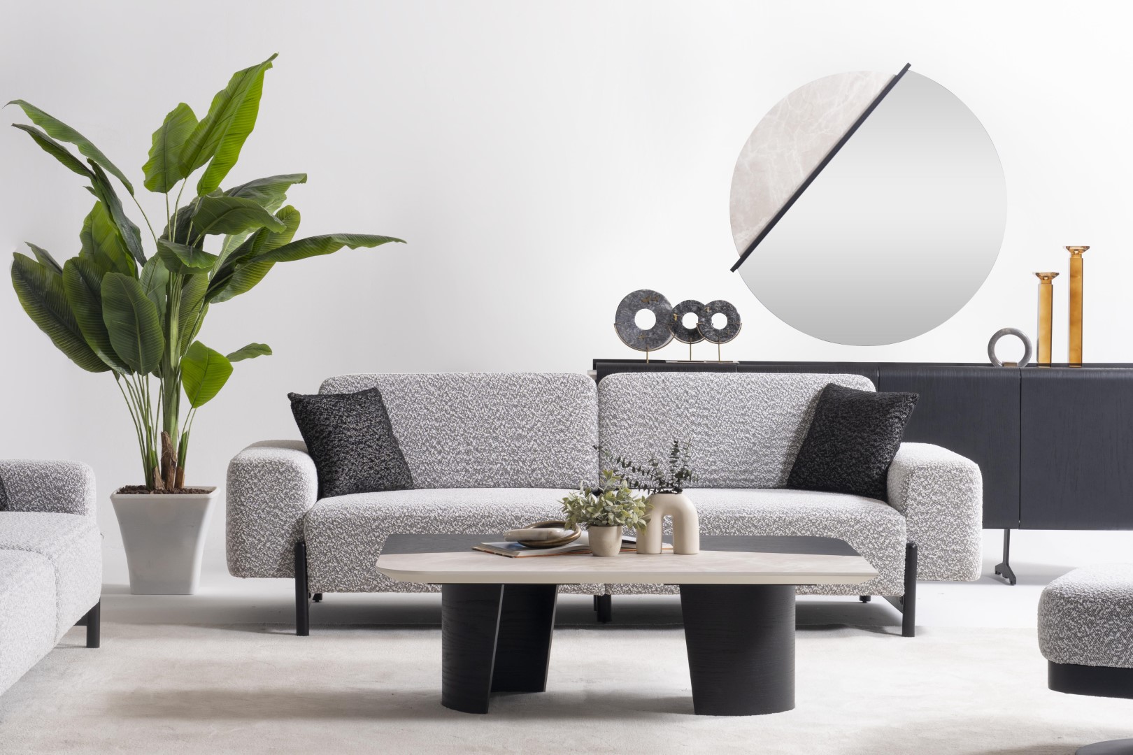 Graues Wohnzimmer Set aus Textil und Holz, modernes Design