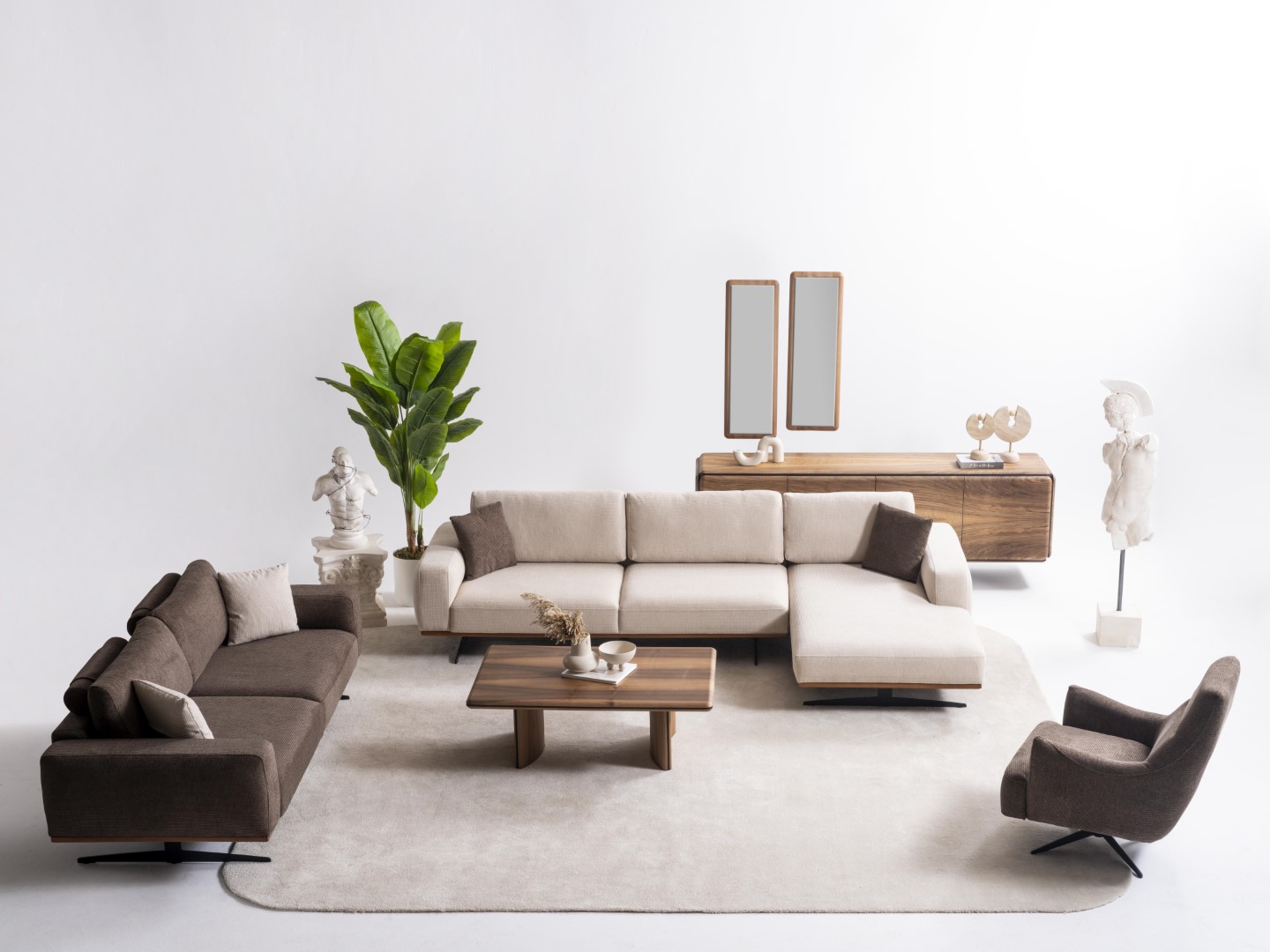 Modernes Wohnzimmer Set aus Holz in Braun mit L-Form, Sofa, Sessel