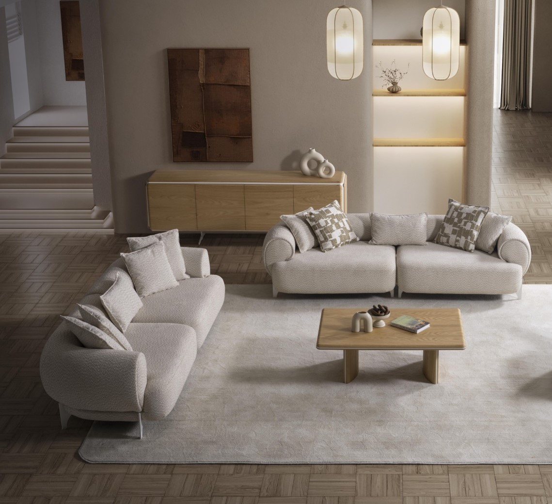 Beige Textil-Sofaset mit Holzrahmen modern und stilvoll