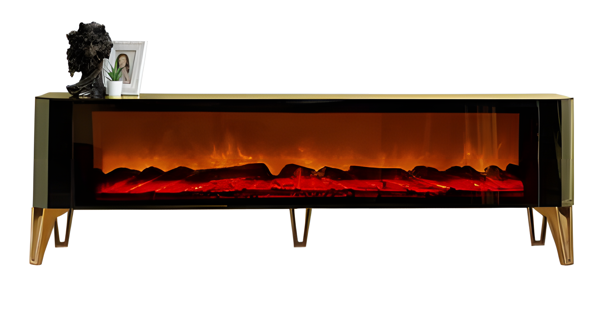 Dekorativer TV-Schrank – Kamin mit Feuerimitation und glänzendem Gehäuse