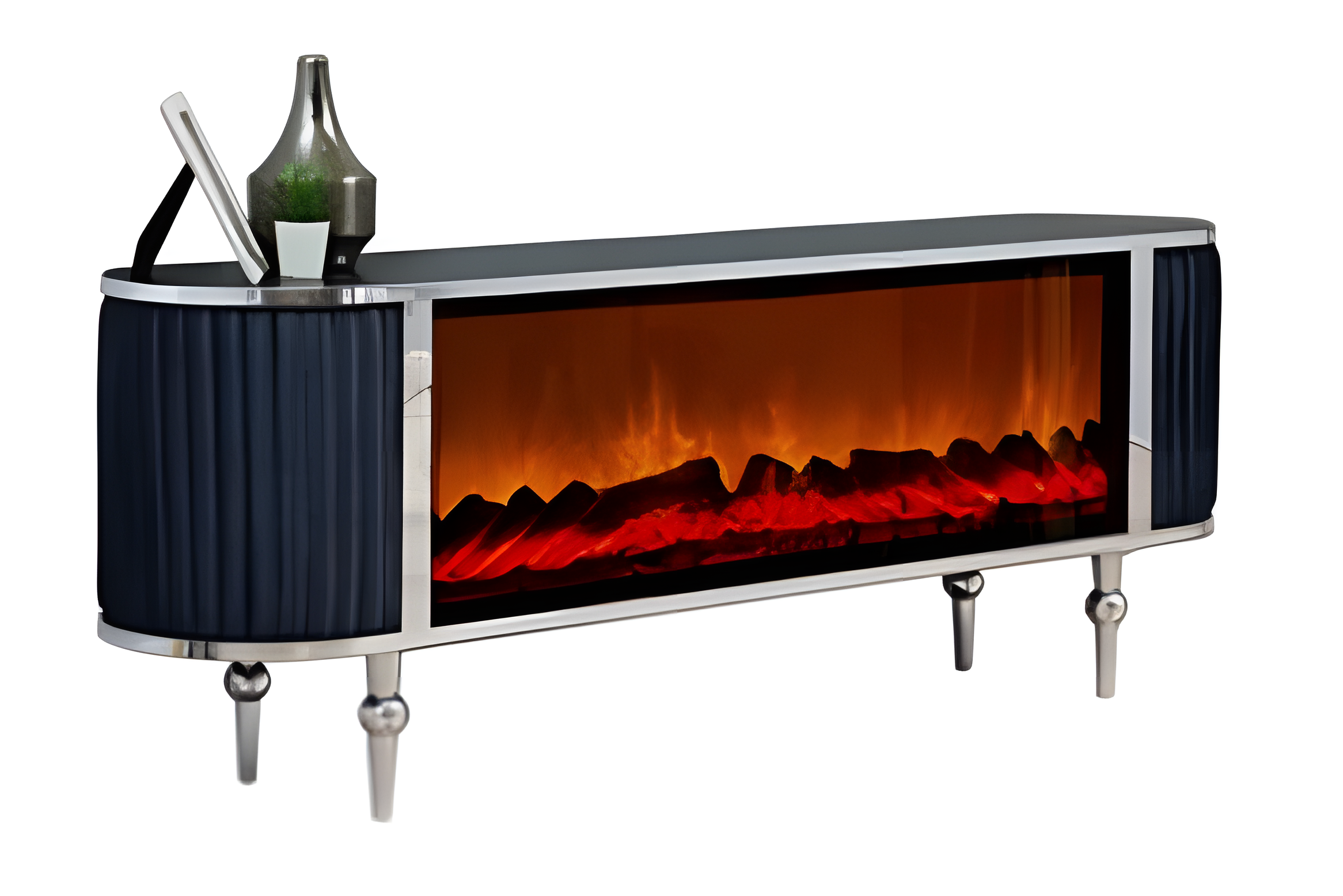 Pompöser TV-Schrank mit weichen Stoffseiten LED-Beleuchtung und Kaminimitation