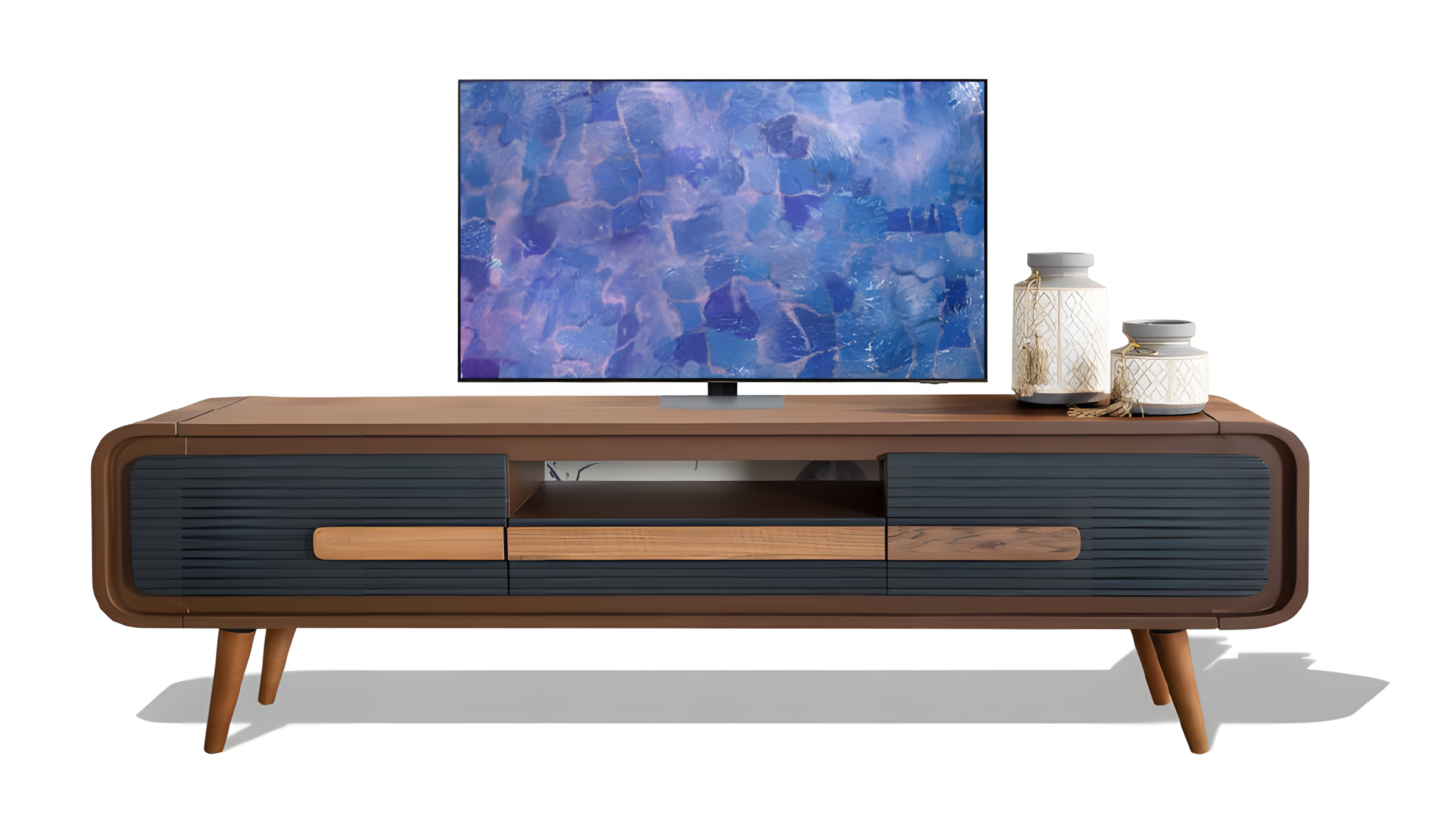 Medienkonsole mit abgerundeten Kanten, geriffelter Oberfläche der Schubladen