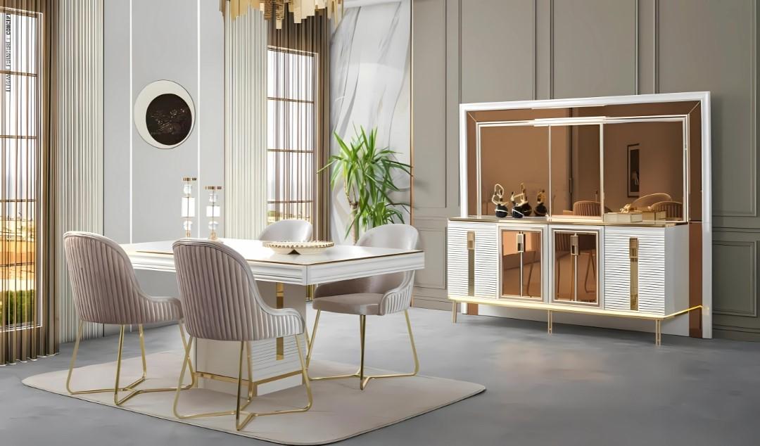Elegantes Esszimmer Set mit Esstisch 4 Stühlen und einem Sideboard