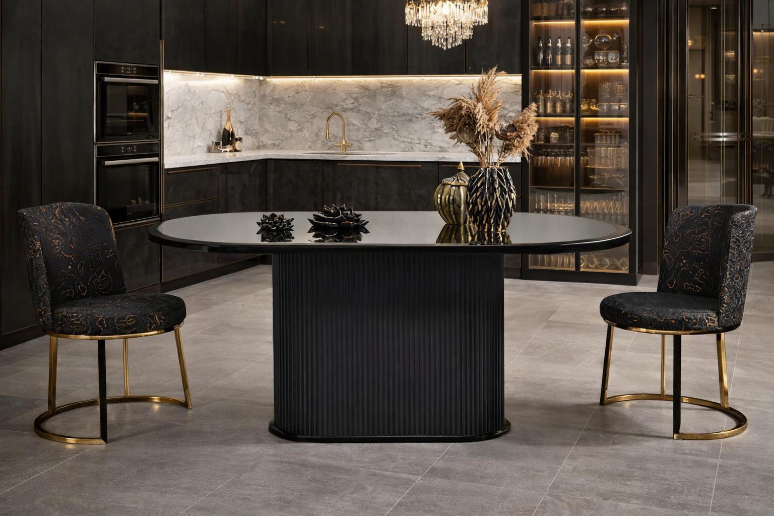 Elegantes Set mit ovalem Esstisch und 2 Stühlen in Schwarz und Gold